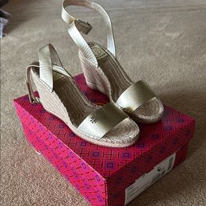 Tory Burch Gold Wedge Sandals New